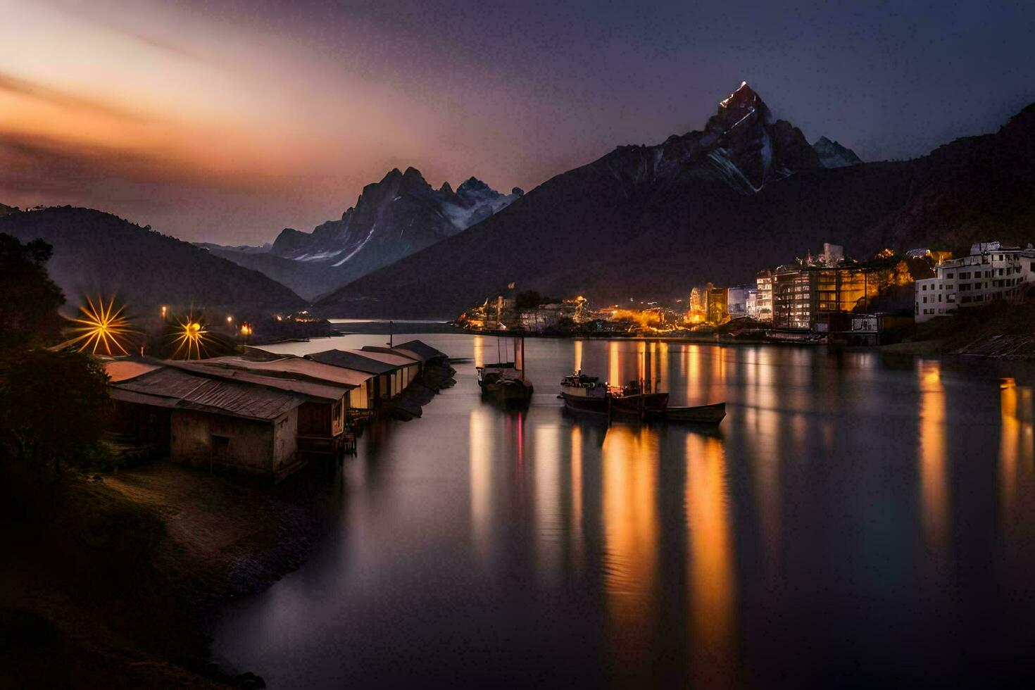 une bateau est assis sur le l'eau dans de face de une Montagne gamme. généré par ai photo