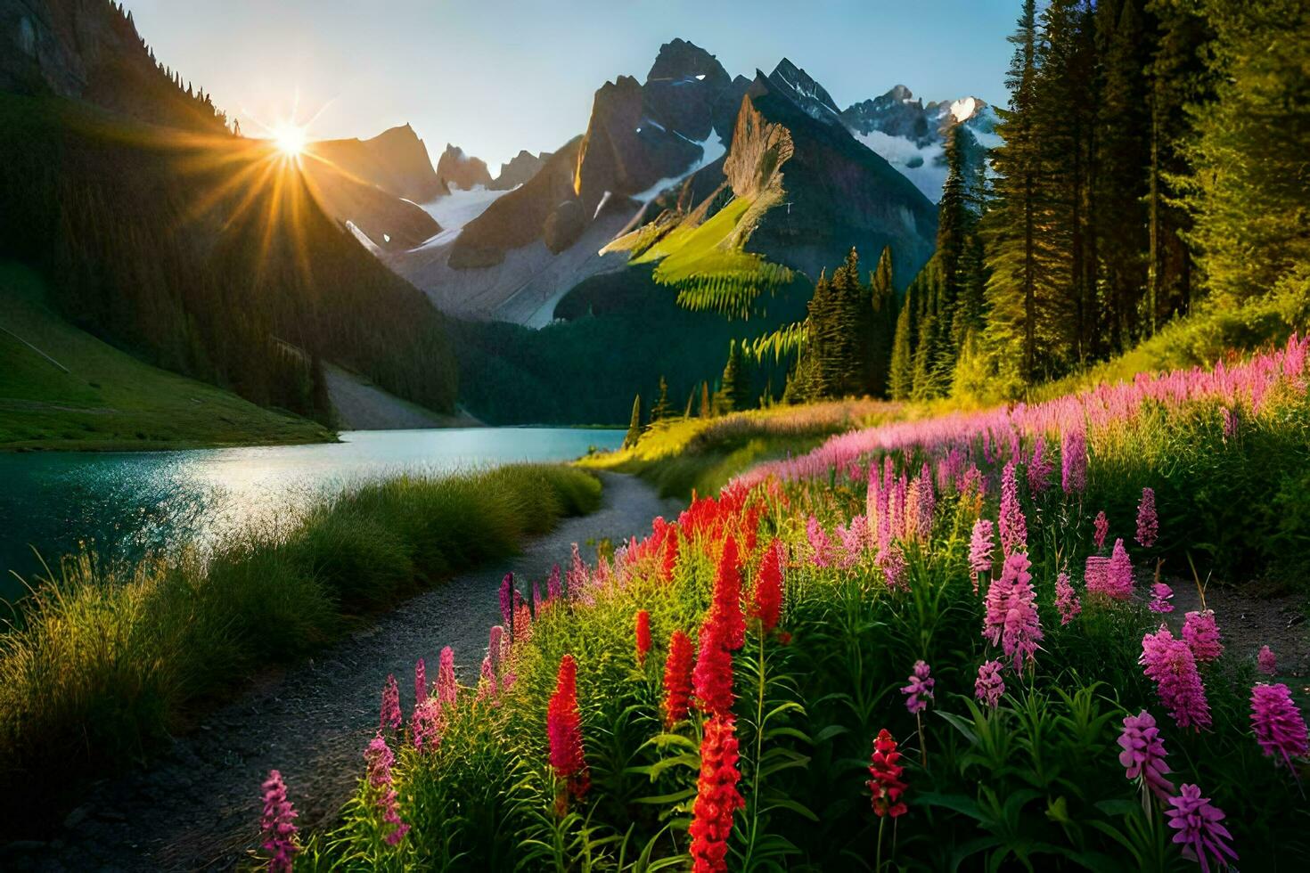 le Soleil brille plus de une Lac et fleurs dans le montagnes. généré par ai photo