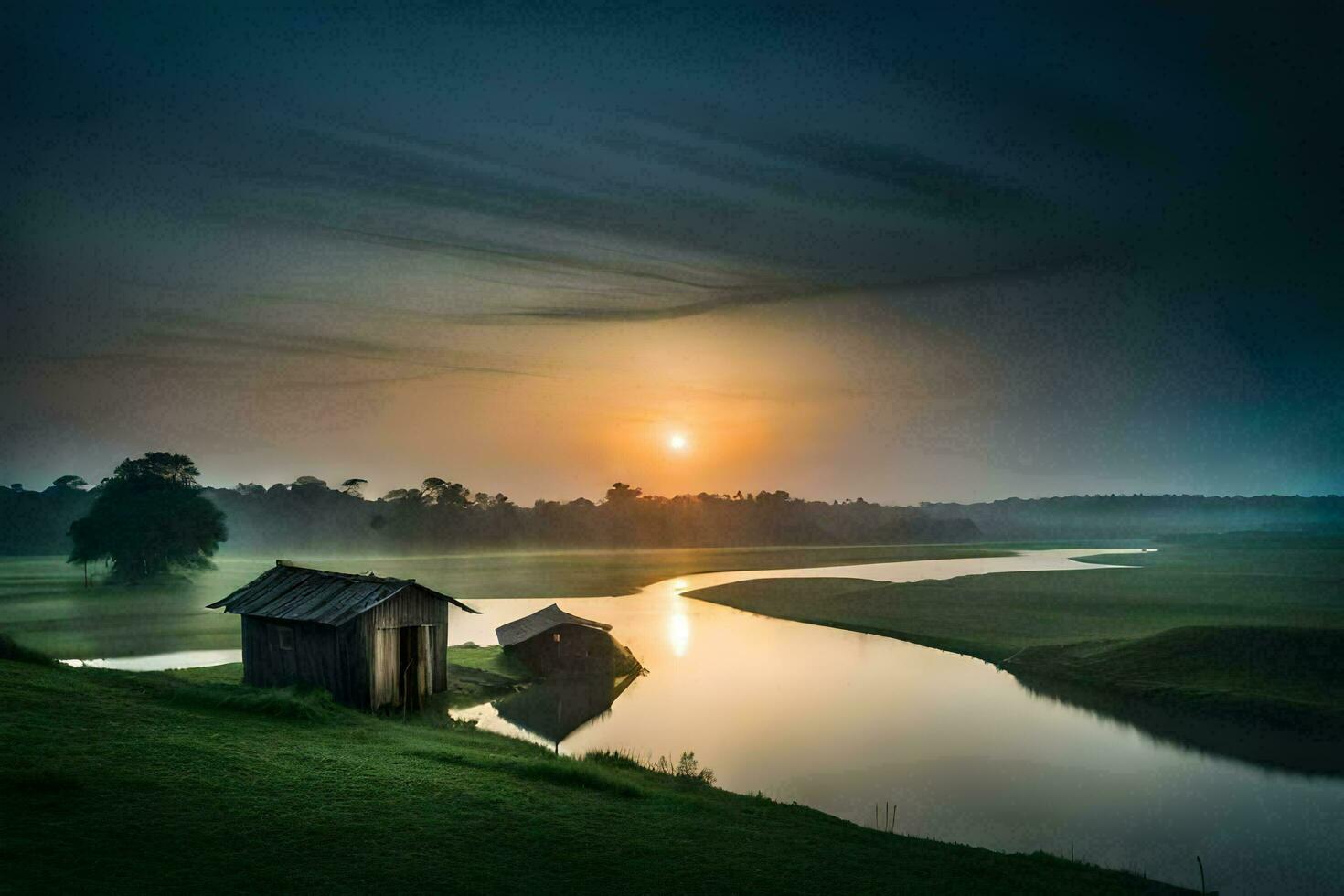 le Soleil monte plus de le rivière. généré par ai photo