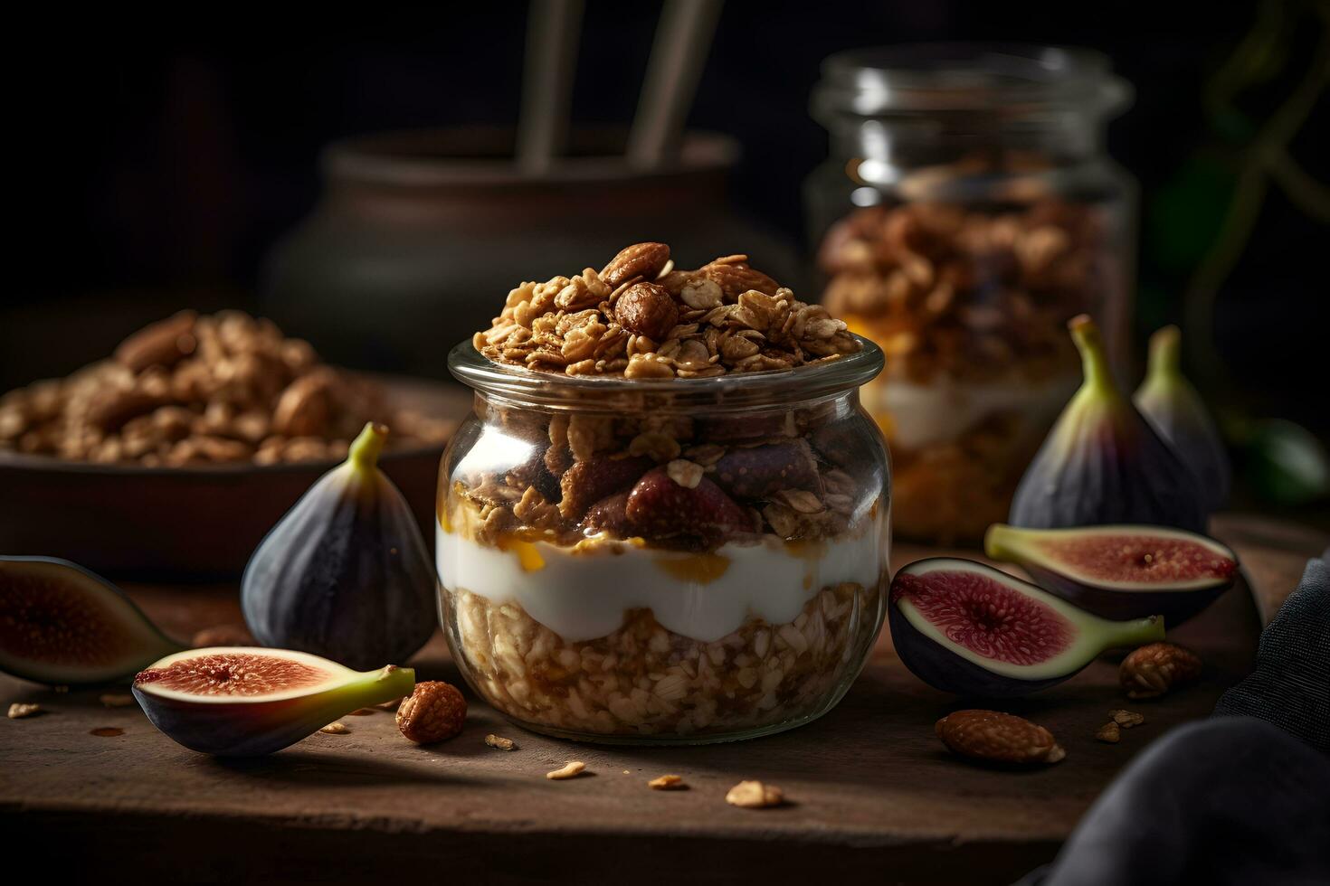 yaourt granola parfait avec tranché des noisettes et Frais figues des fruits dans une verre pot sur foncé Contexte. génératif ai. photo