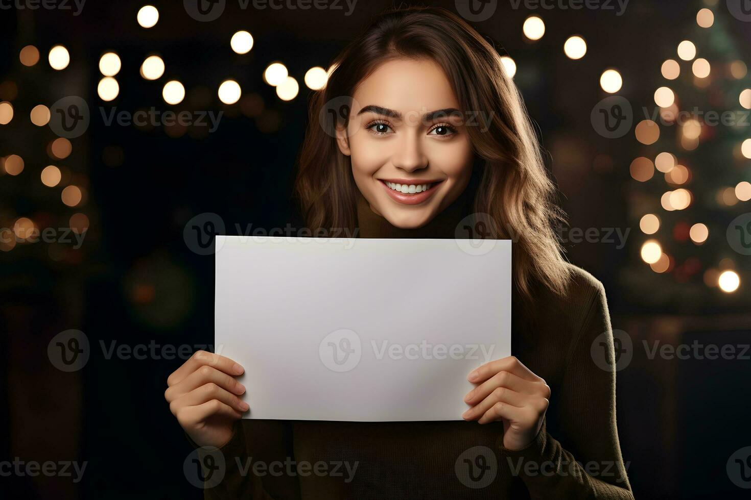 Jeune brunette femme en portant une Vide placard ou vide papier signe bannière dans sa mains, sur foncé de fête Contexte. conception affiche modèle, impression présentation maquette. photo