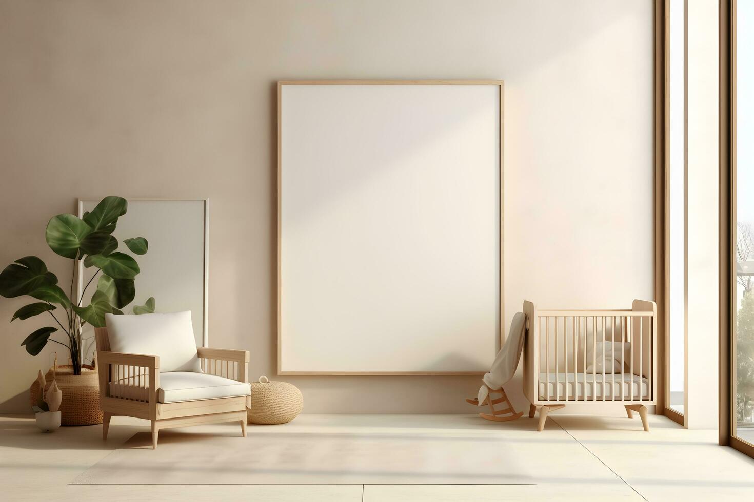 rectangulaire Cadre affiche maquette, sur lumière béton mur dans vivant intérieur de une bébé chambre, avec moderne boho meubles et avec bébé lit bébé, scandinave style intérieur décoration. généré ai. photo