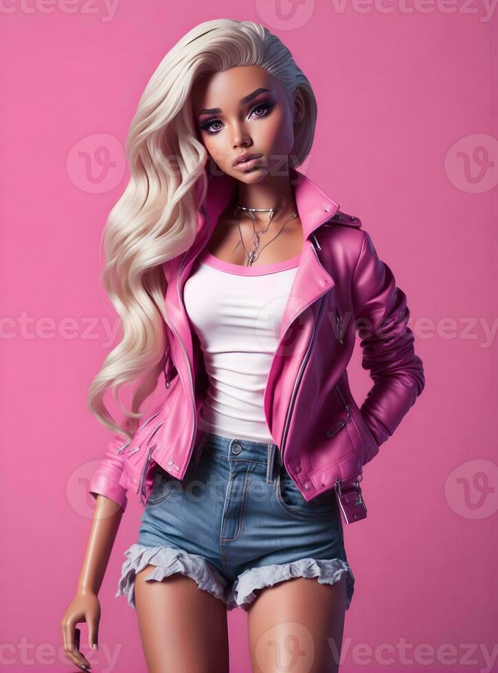 Barbie poupée mignonne blond fille rose tenue rose fond d'écran ai génératif photo