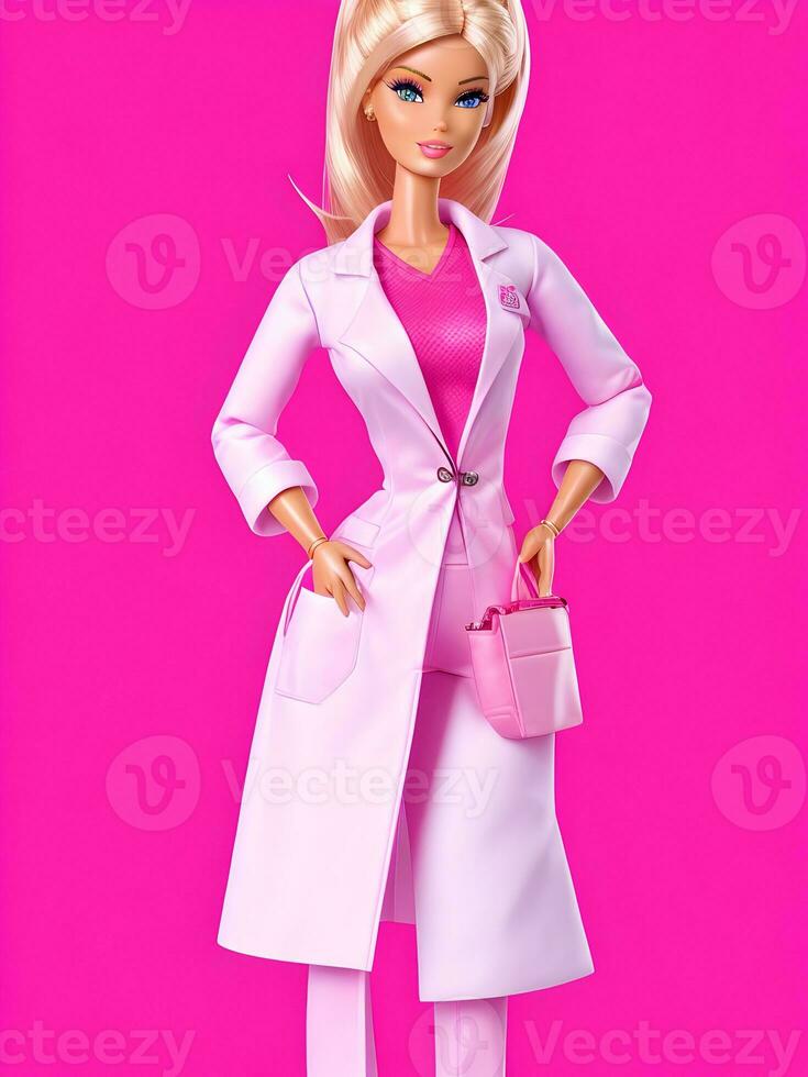 Barbie dans médecin costume avec rose Contexte ai génératif photo
