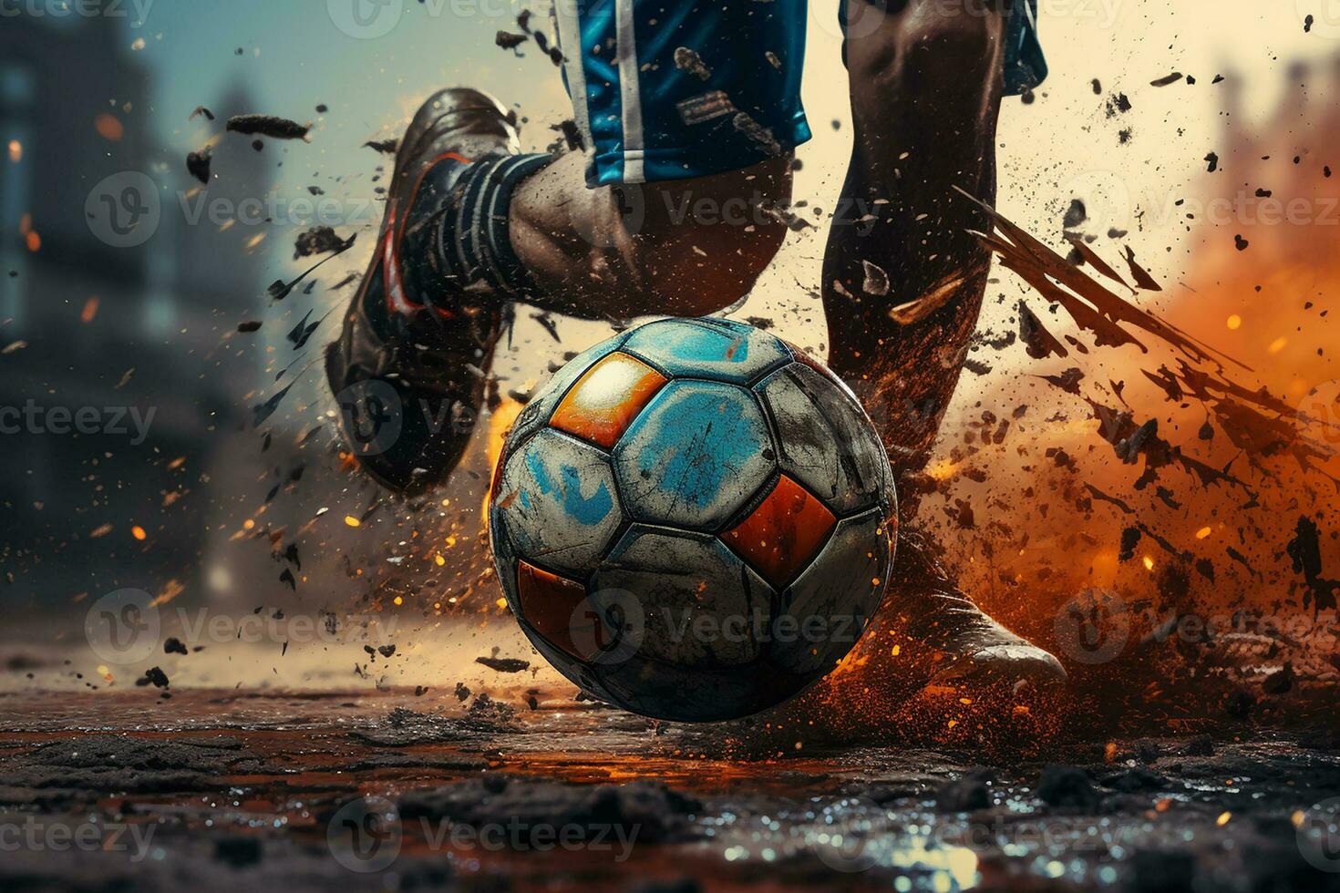 photo proche en haut de pied coups de pied le balle. jambe dans démarrage en jouant Football dans une boueux champ. football des gamins joueur avec balle. génératif ai