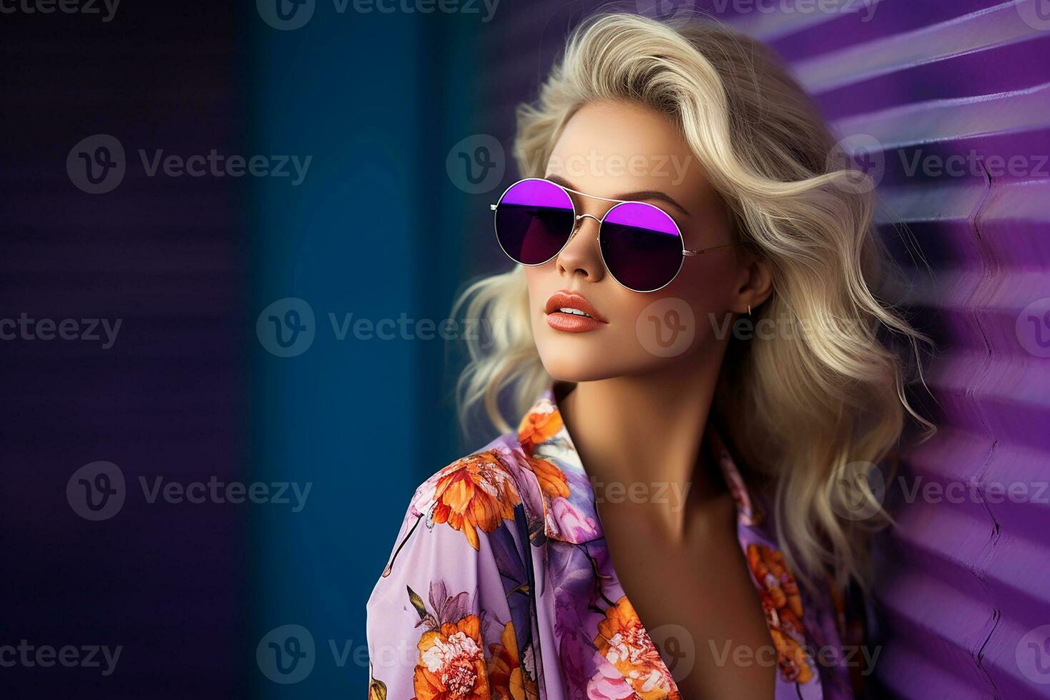 ai généré studio portrait de magnifique Jeune blond femme dans des lunettes de soleil sur différent Couleur Contexte photo