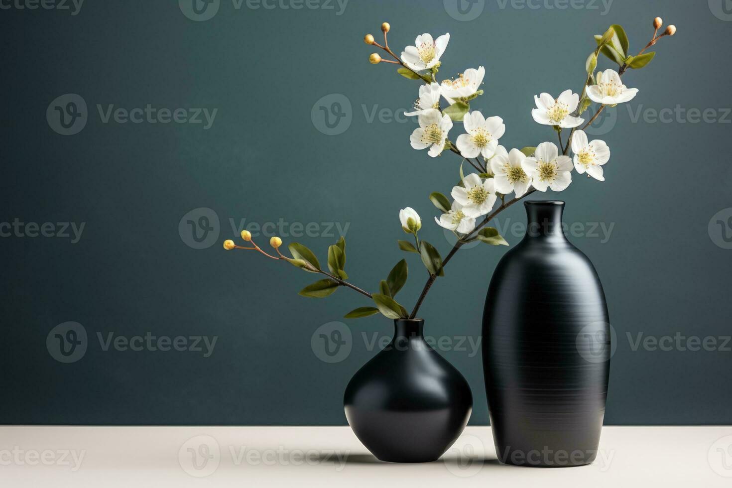 une minimaliste noir vase avec une Célibataire blanc fleur isolé sur une gris pente Contexte photo