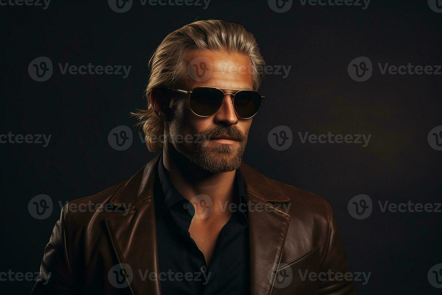 ai généré studio portrait de Beau blond homme dans des lunettes de soleil sur différent couleurs Contexte photo