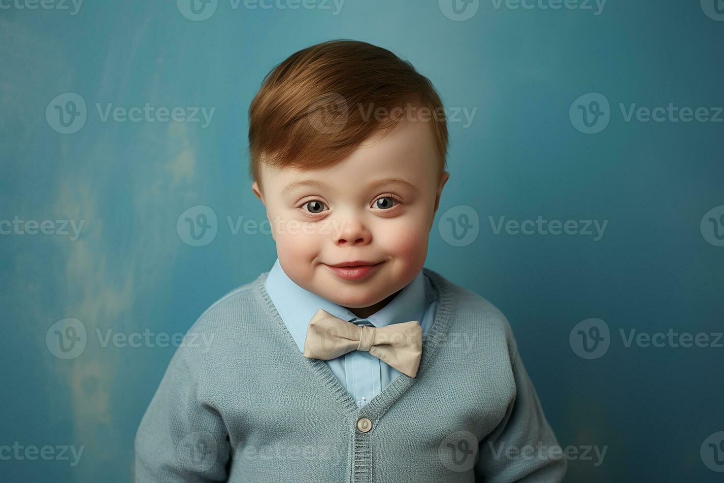 ai généré studio portrait de mignonne peu garçon avec vers le bas syndrome sur différent couleurs Contexte photo