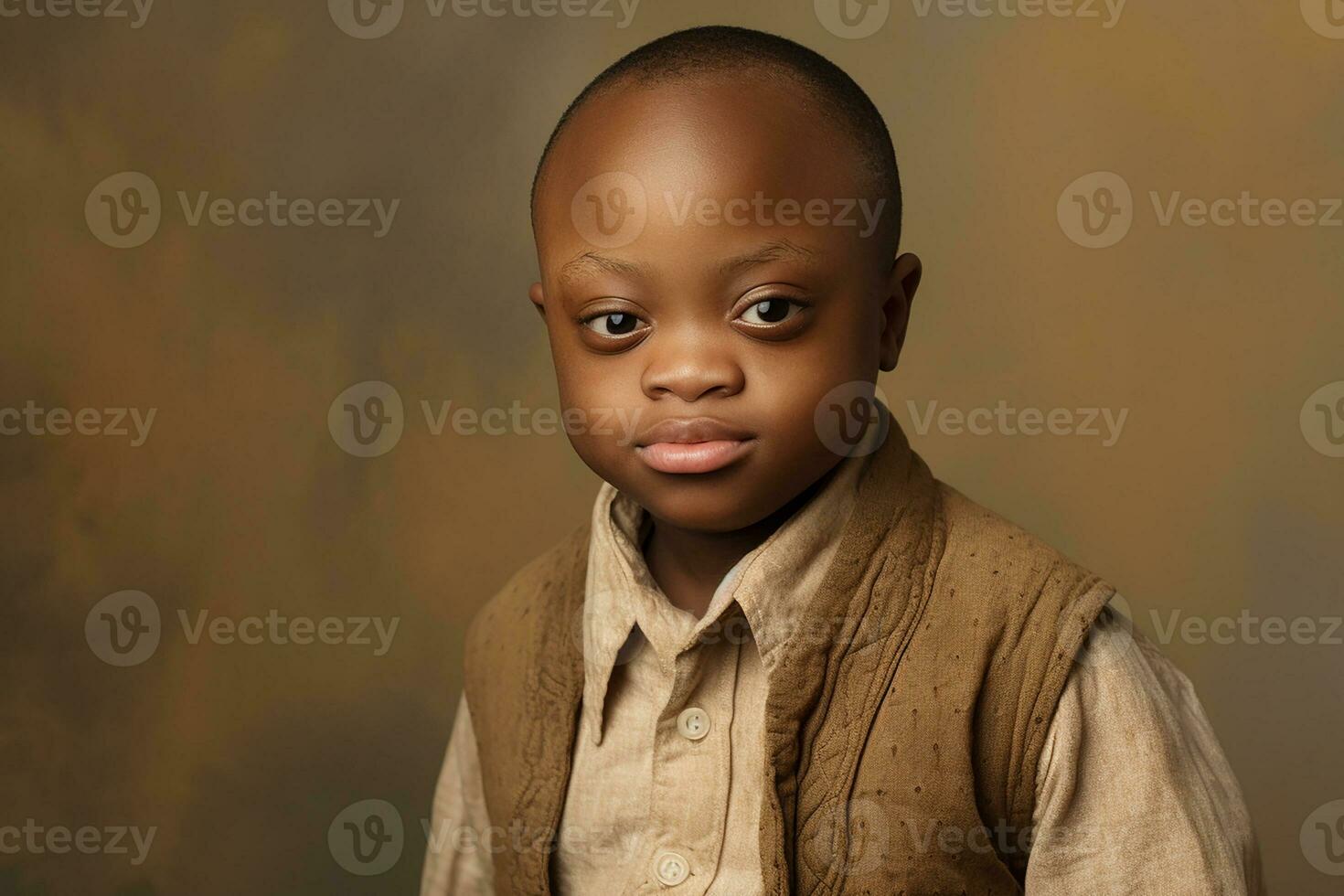 ai généré studio portrait de mignonne peu garçon avec vers le bas syndrome sur différent couleurs Contexte photo