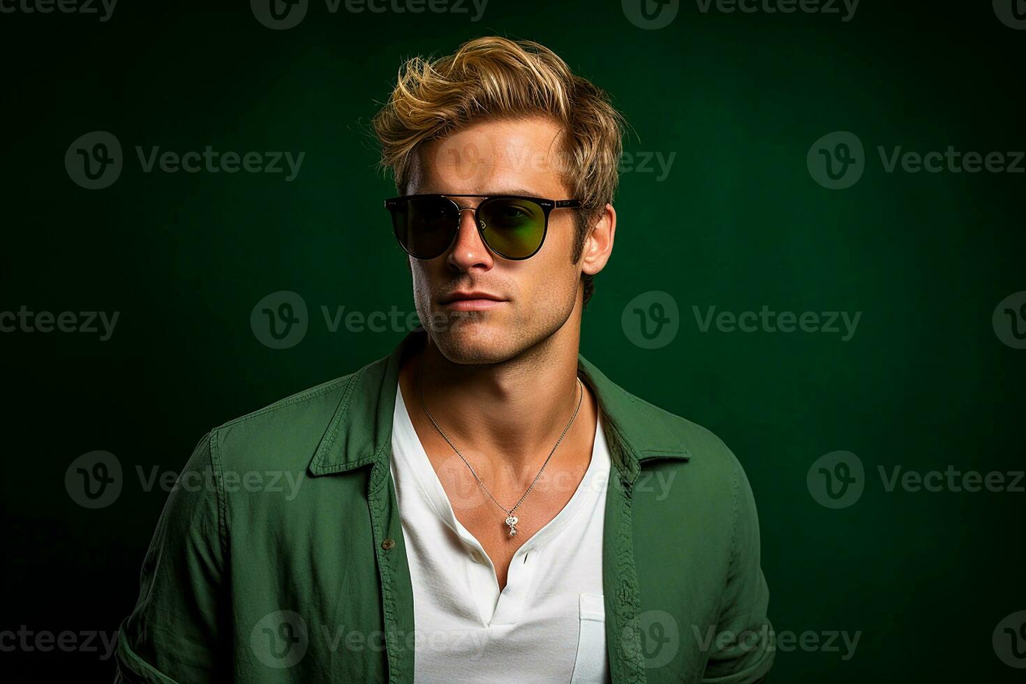 ai généré studio portrait de Beau blond homme dans des lunettes de soleil sur différent couleurs Contexte photo