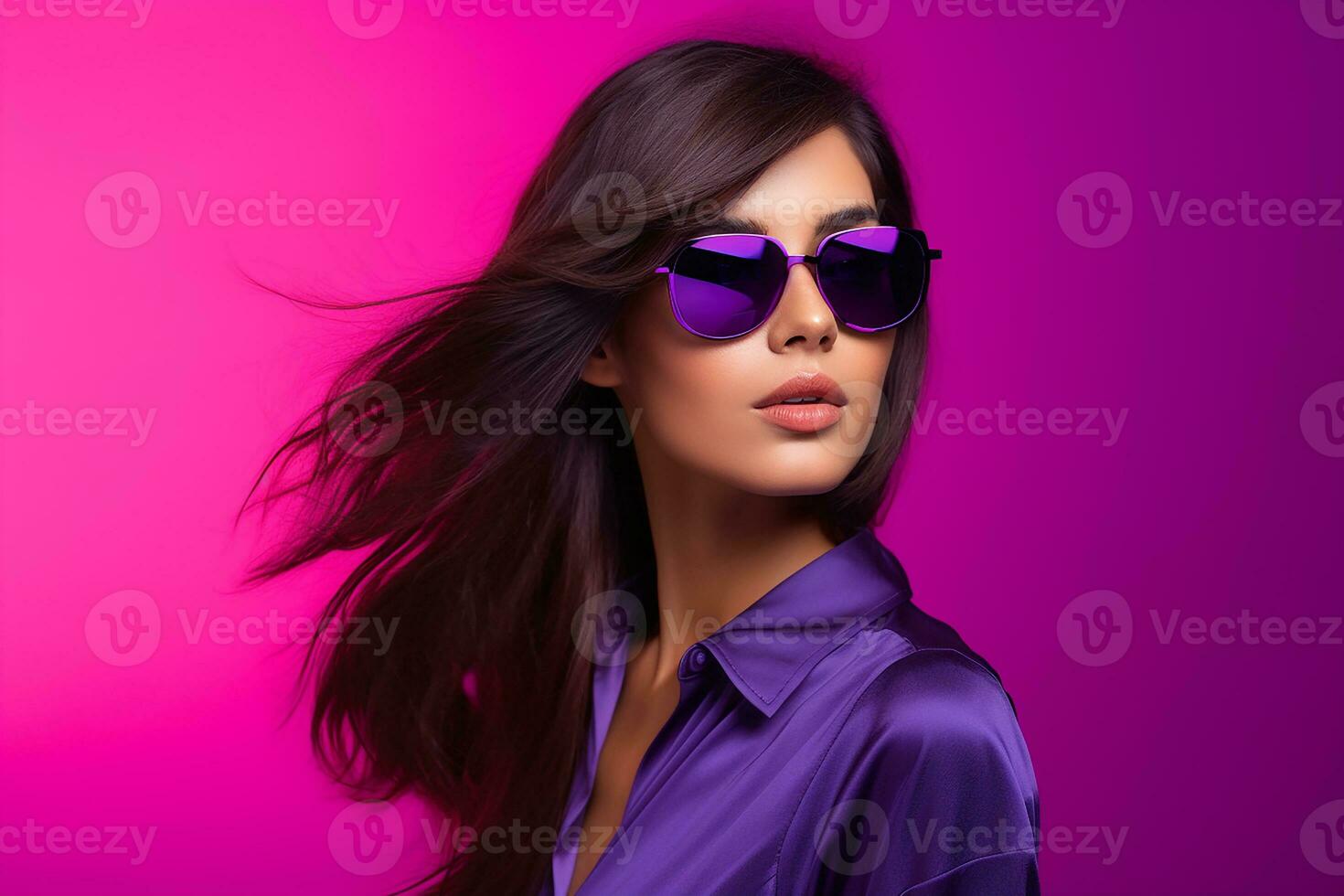 ai généré studio portrait de une magnifique Jeune brunette femme dans des lunettes de soleil photo