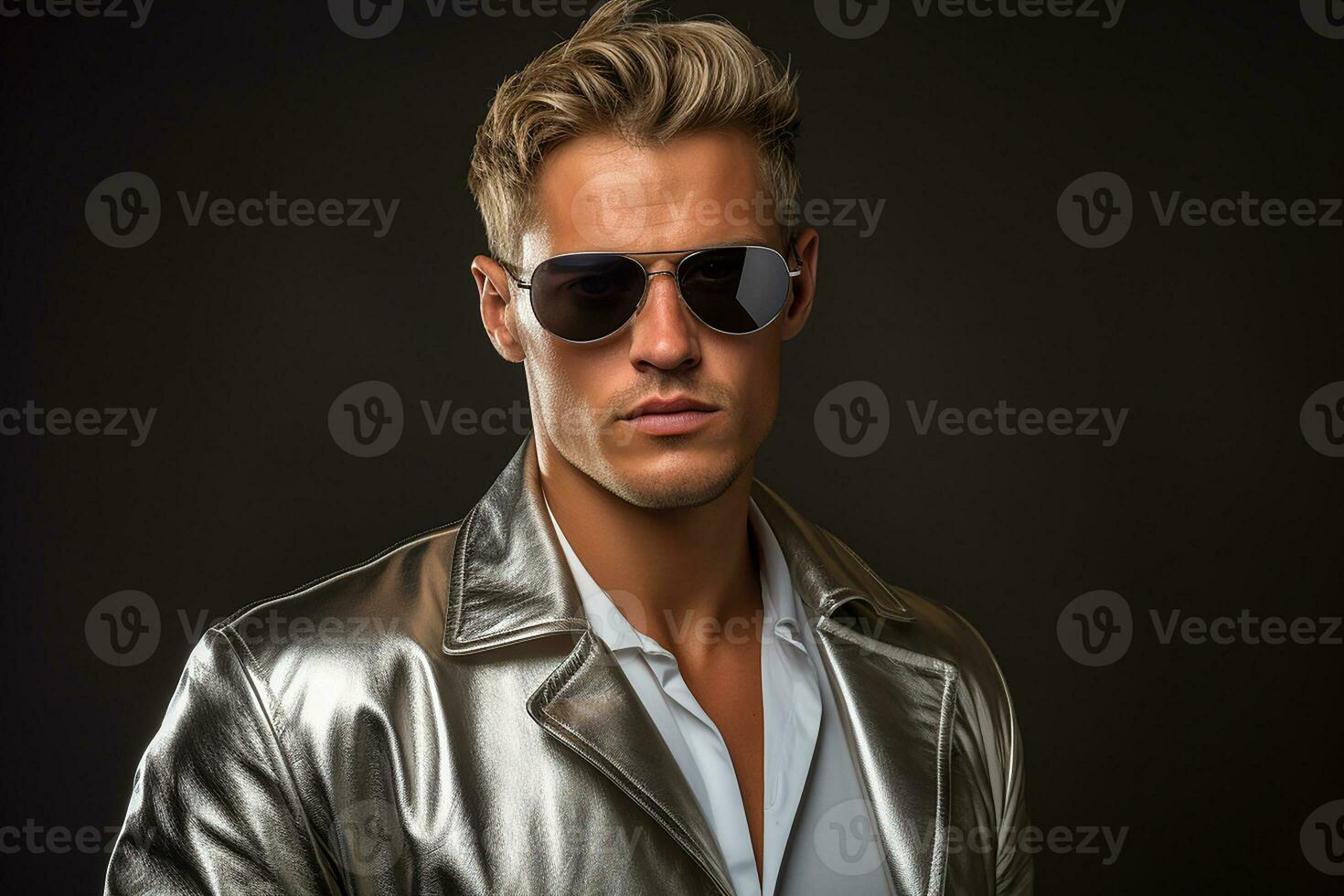 ai généré studio portrait de Beau blond homme dans des lunettes de soleil sur différent couleurs Contexte photo