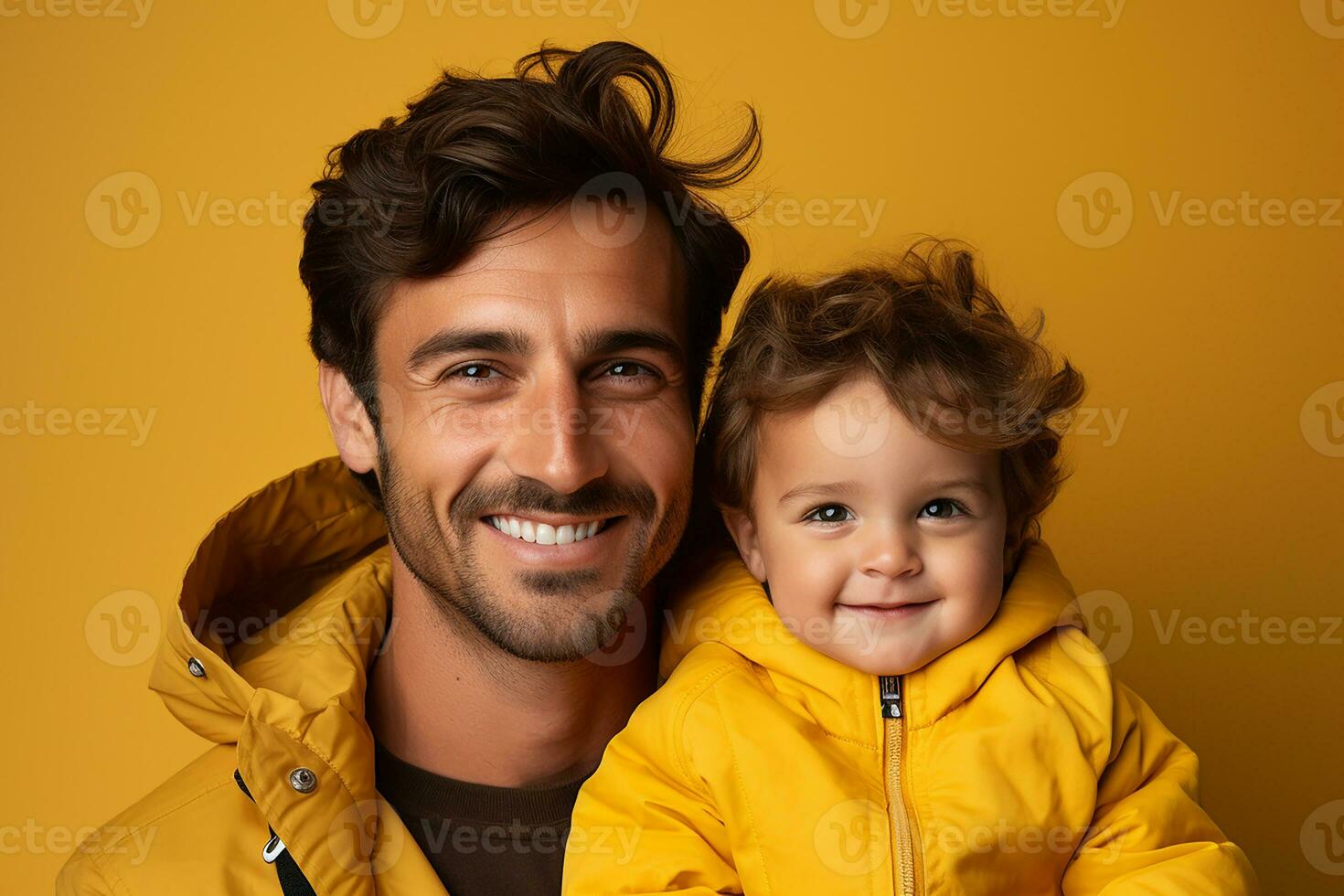 ai généré studio portrait de Beau homme en portant bébé bébé dans le sien mains sur différent Couleur Contexte photo