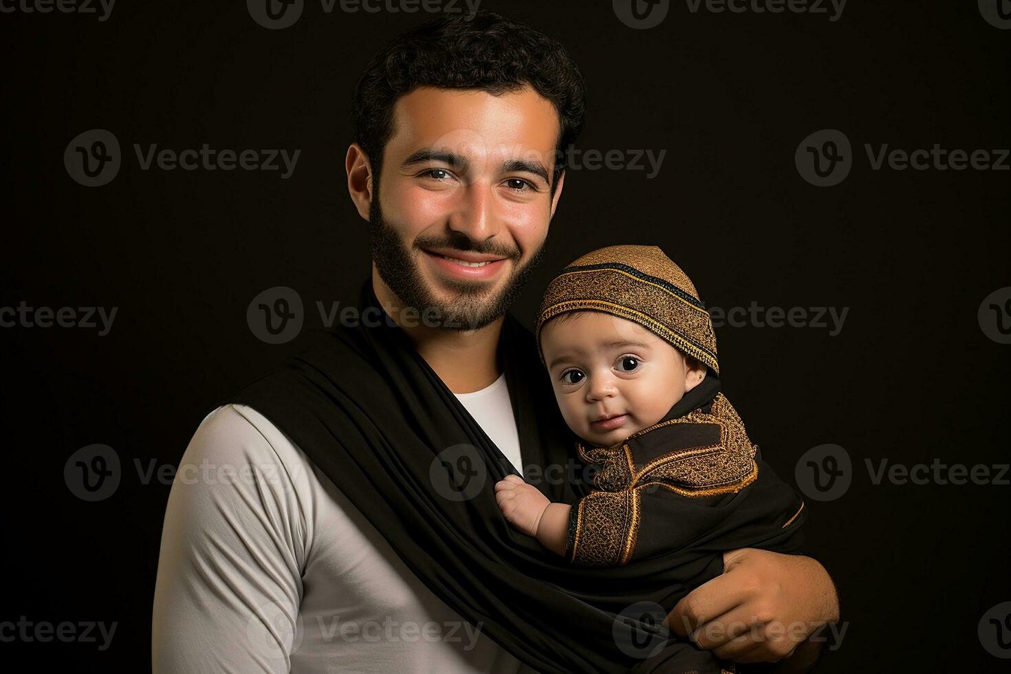 ai généré studio portrait de Beau homme en portant bébé bébé dans le sien mains sur différent Couleur Contexte photo