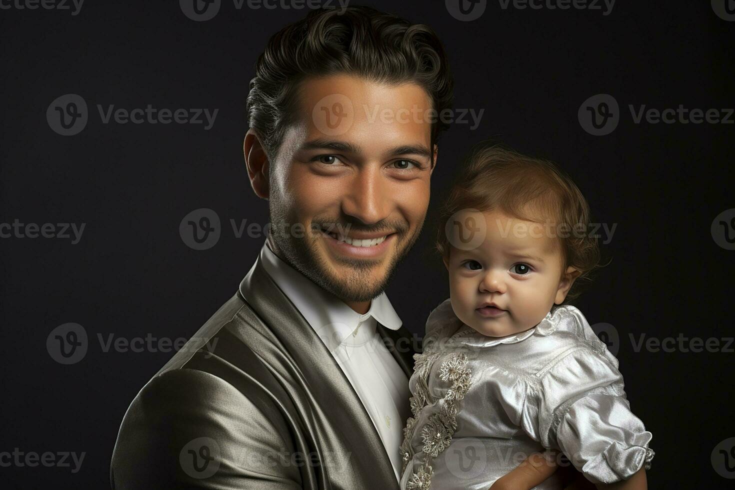 ai généré studio portrait de Beau homme en portant bébé bébé dans le sien mains sur différent Couleur Contexte photo