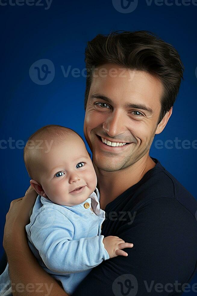 ai généré studio portrait de Beau homme en portant bébé bébé dans le sien mains sur différent Couleur Contexte photo