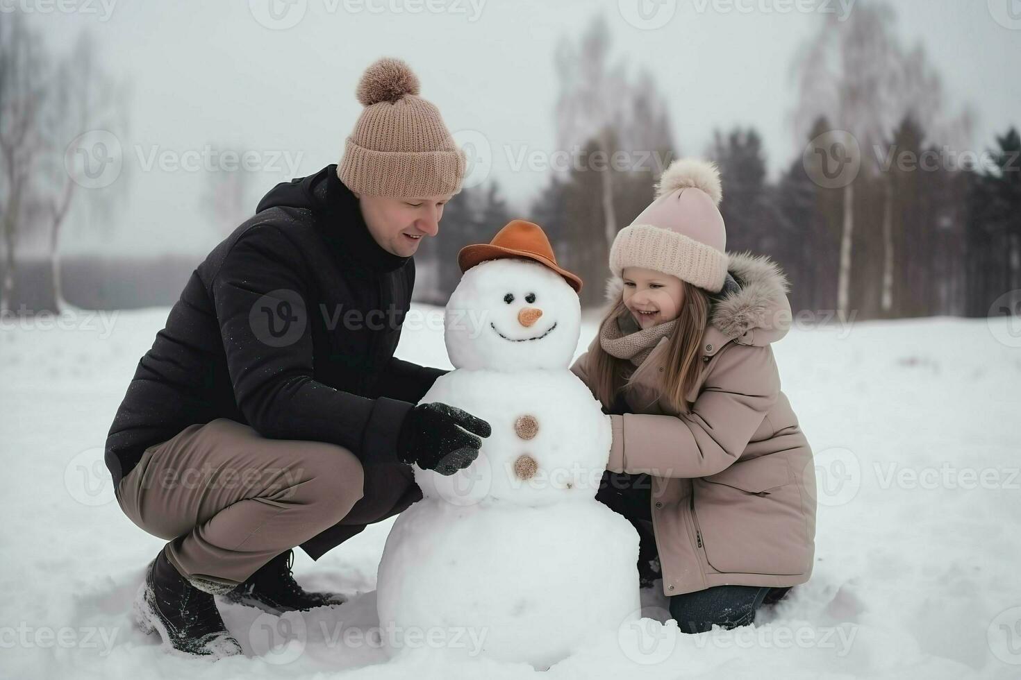 père avec fille bâtiment une bonhomme de neige. produire ai photo