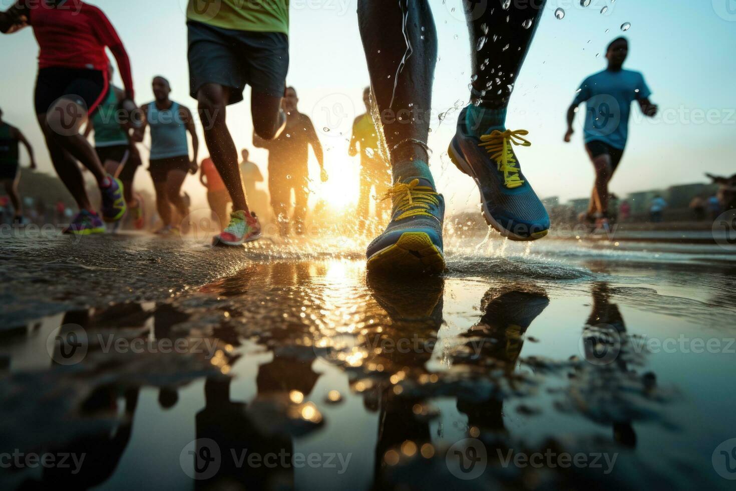 coureurs réflexion dans une flaque pendant pluvieux course isolé sur une pente Contexte photo