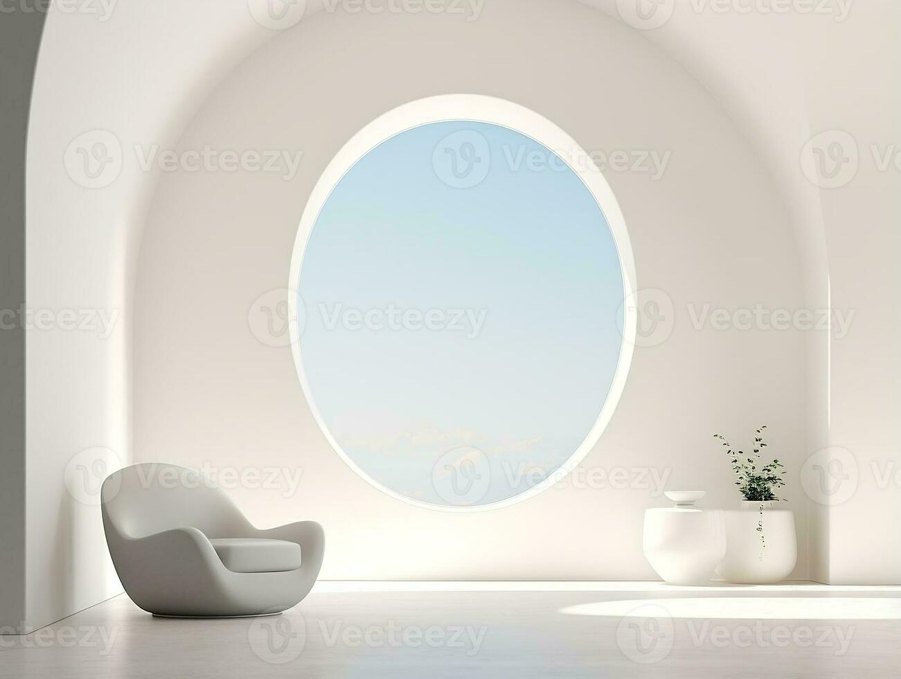 moderne blanc pièce avec cambrure fenêtre et une chaise ai génératif photo