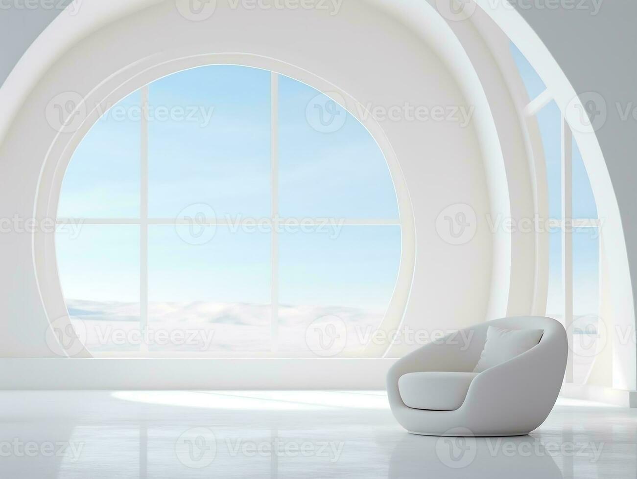 moderne blanc pièce avec cambrure fenêtre et une chaise ai génératif photo