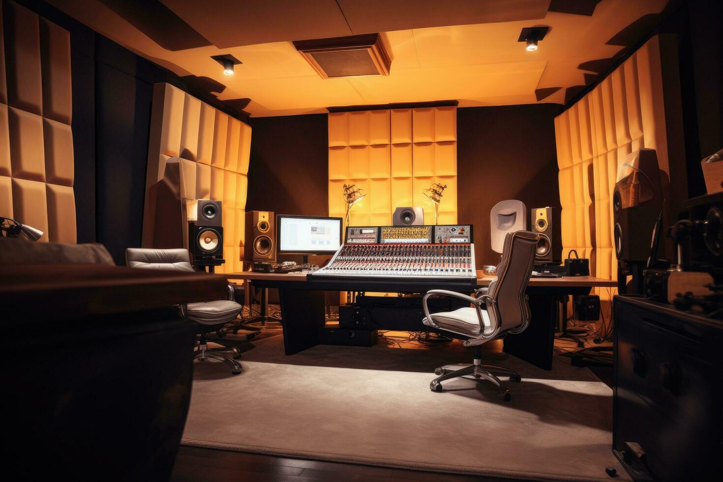 intérieur de une enregistrement studio avec professionnel équipement. sélectif se concentrer, professionnel studio enregistrement stand, ai généré photo