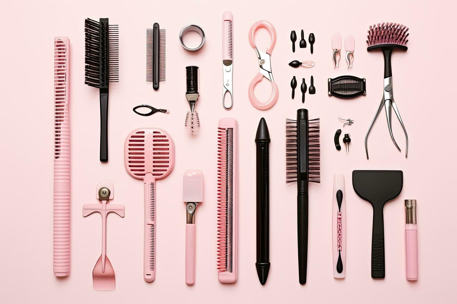 professionnel coiffeur outils sur rose arrière-plan, plat poser. espace pour texte, professionnel coiffeur Faire coiffure pour femmes dans beauté salon, proche en haut tir, ai généré photo