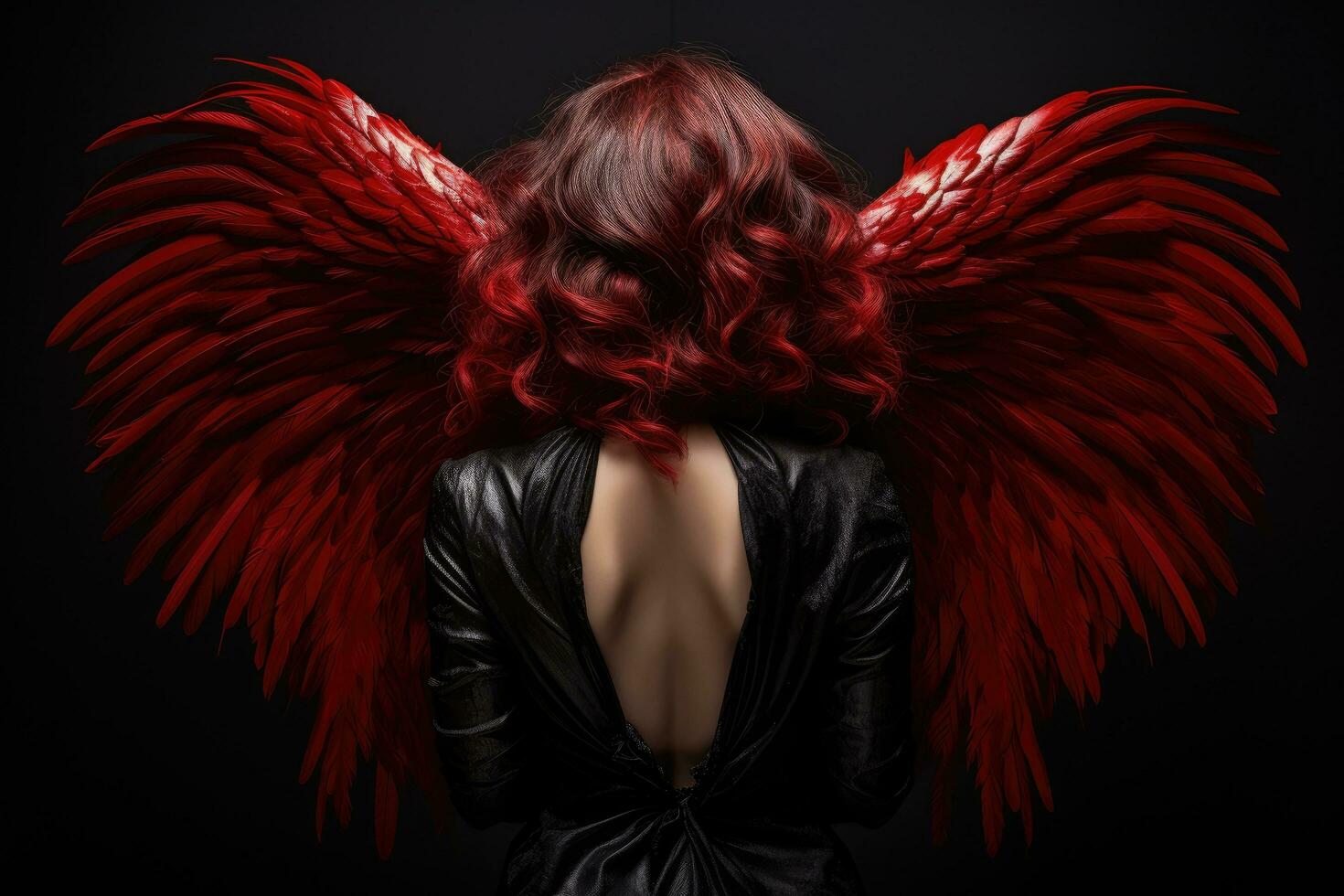 magnifique femme avec rouge cheveux et ange ailes sur une noir arrière-plan, arrière vue de une femme avec ange ailes, ai généré photo