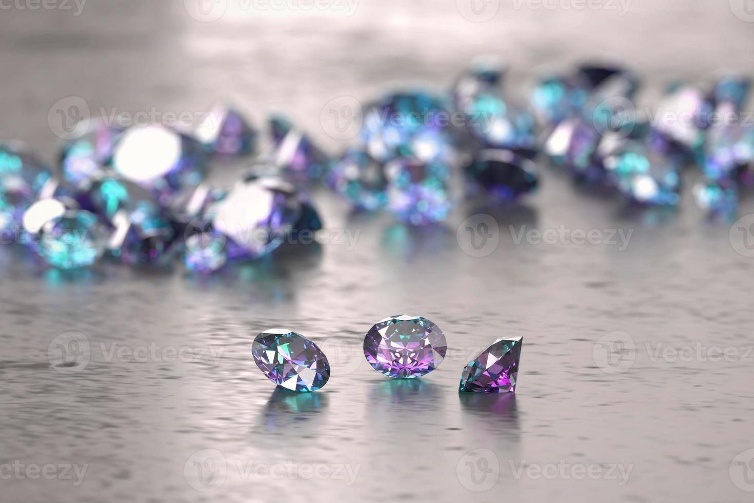 diamants bleus et violets placés sur fond brillant, illustration 3d photo