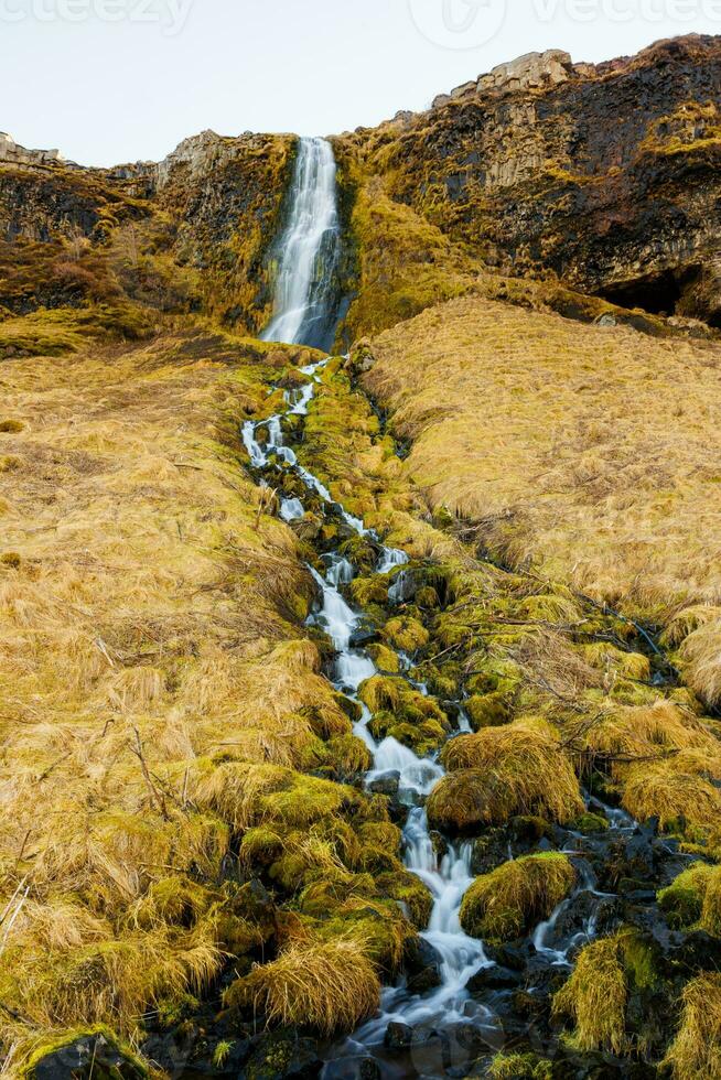 près islandais capital, rivière chutes plus de une pente révélateur majestueux seljalandsfoss Cascade. splendide nordique cascade dans un glacé congelé paysage, Naturel scandinave paysage. photo