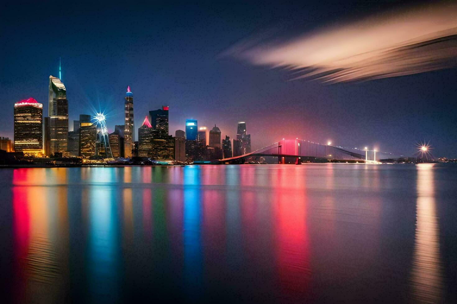 le ville horizon à nuit avec coloré lumières. généré par ai photo