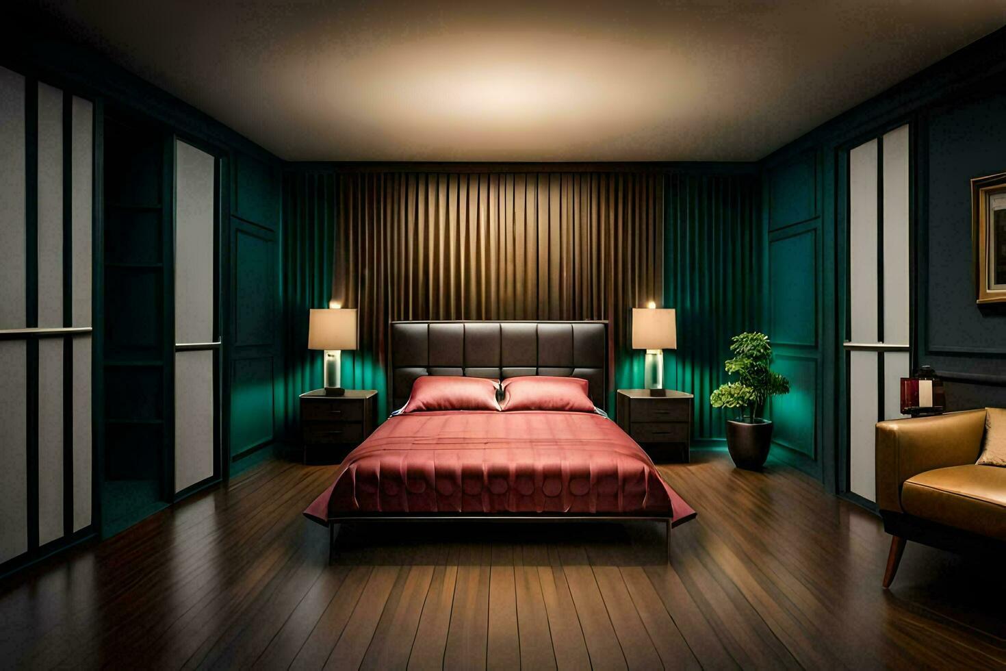 une chambre avec foncé bois planchers et une lit. généré par ai photo