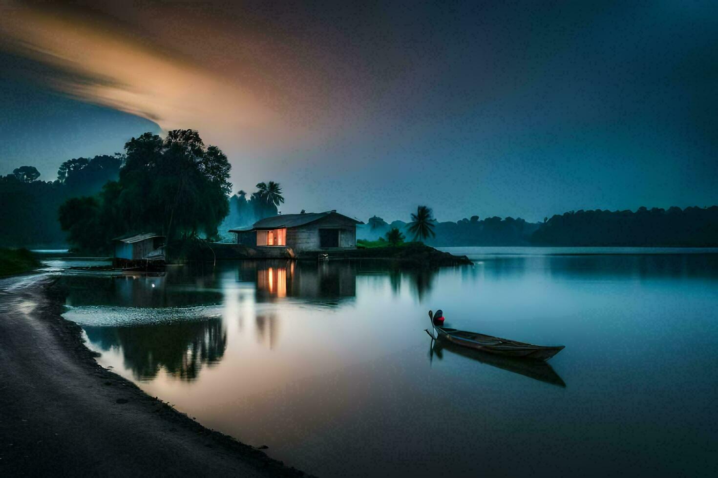 une bateau est assis sur le rive de une Lac à crépuscule. généré par ai photo