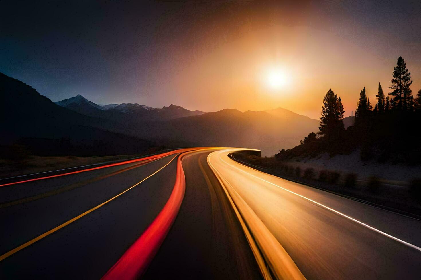 une longue exposition photographier de une route avec le Soleil réglage dans le Contexte. généré par ai photo