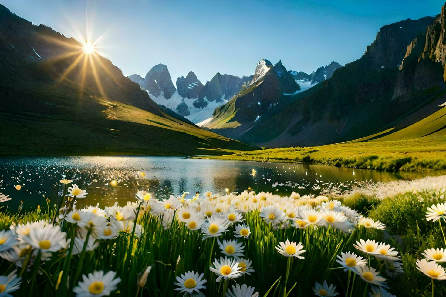 le Soleil brille plus de une Lac et fleurs dans le montagnes. généré par ai photo