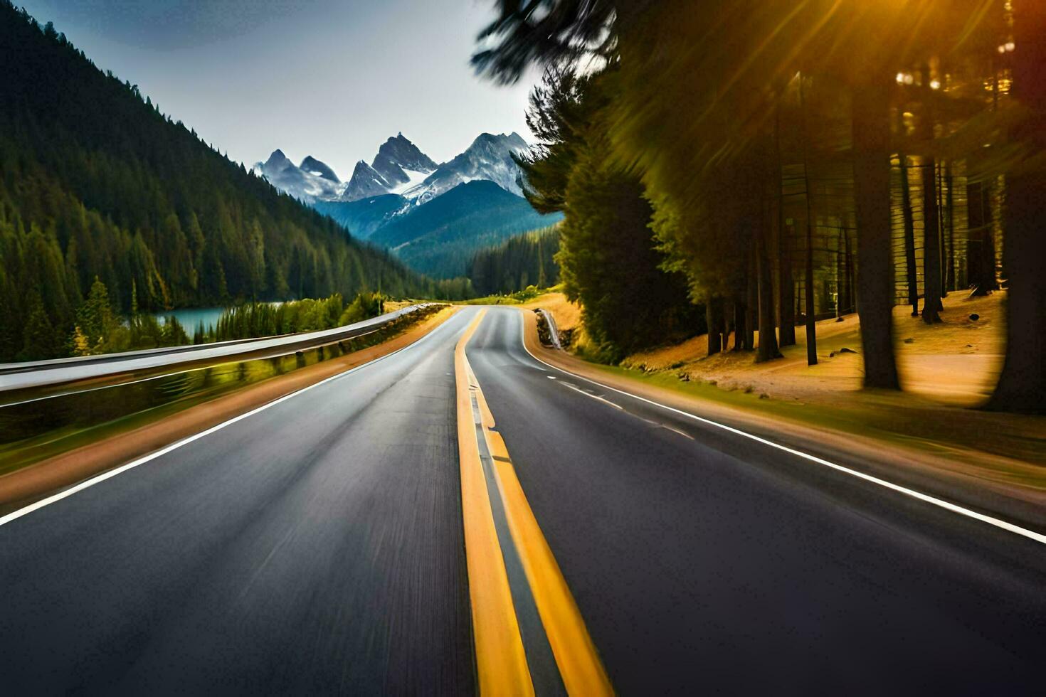 une route avec montagnes dans le Contexte. généré par ai photo