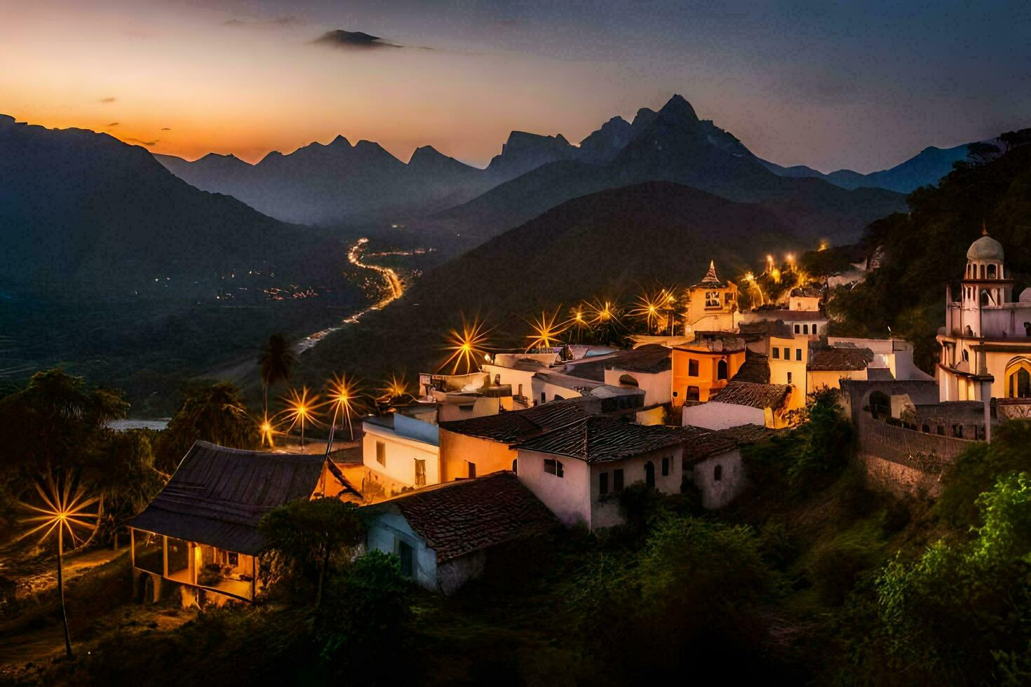 photo fond d'écran le ciel, montagnes, village, coucher de soleil, le village, le village, le village. généré par ai