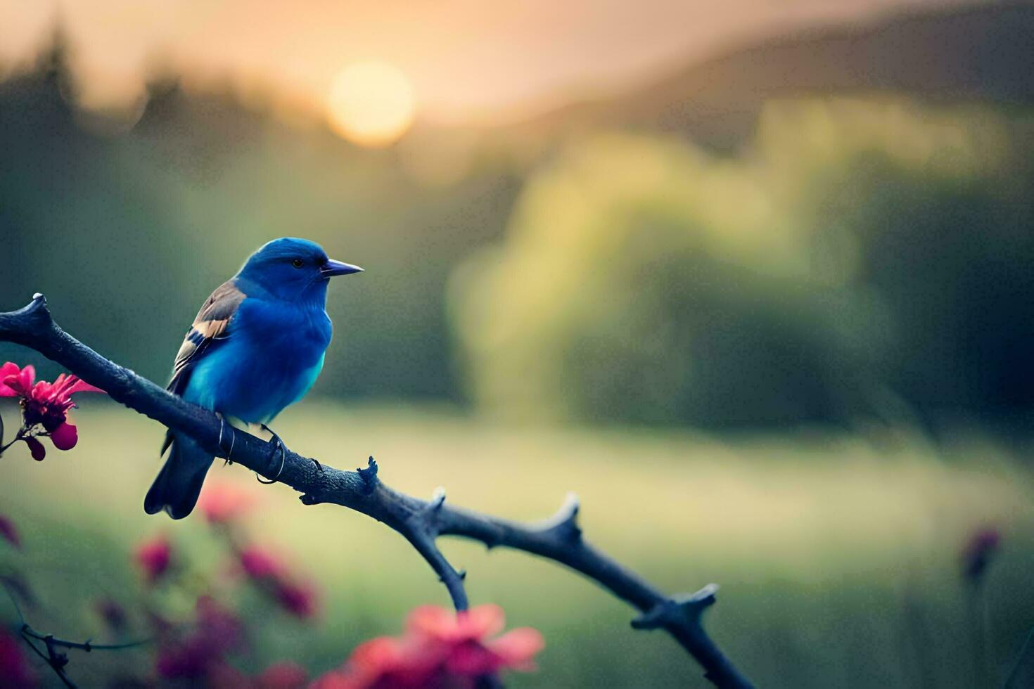 une bleu oiseau est perché sur une branche dans de face de une le coucher du soleil. généré par ai photo