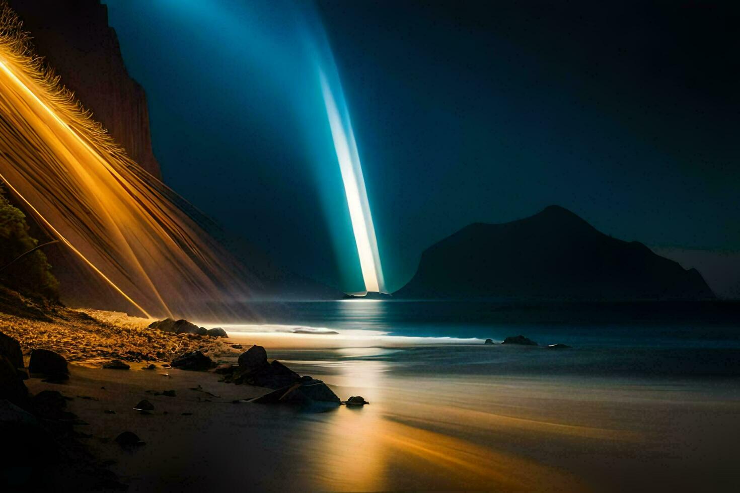 une longue exposition photographier de une lumière faisceau brillant sur le plage. généré par ai photo