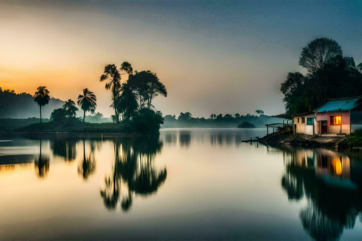 une petit maison est assis sur le rive de une Lac à lever du soleil. généré par ai photo