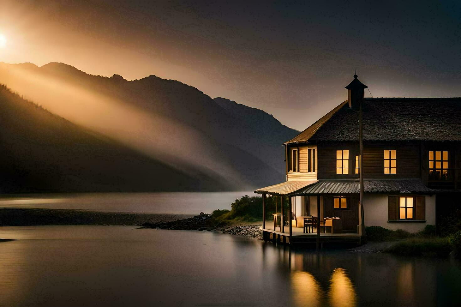 une maison est assis sur le rive de une Lac à le coucher du soleil. généré par ai photo