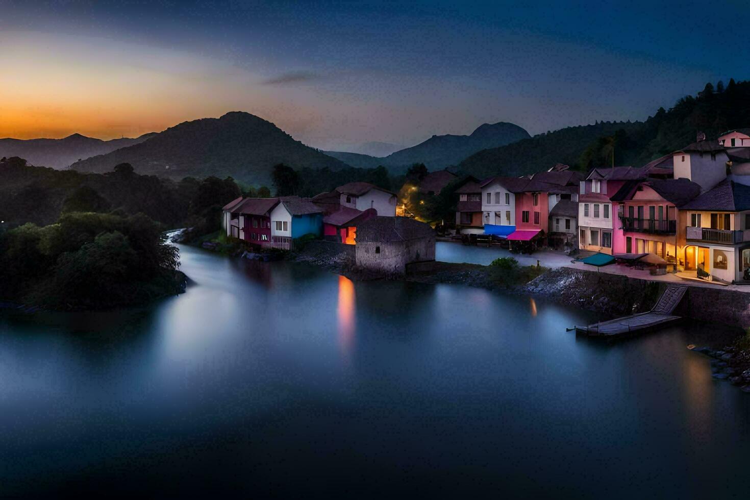 une rivière et Maisons dans le montagnes à le coucher du soleil. généré par ai photo