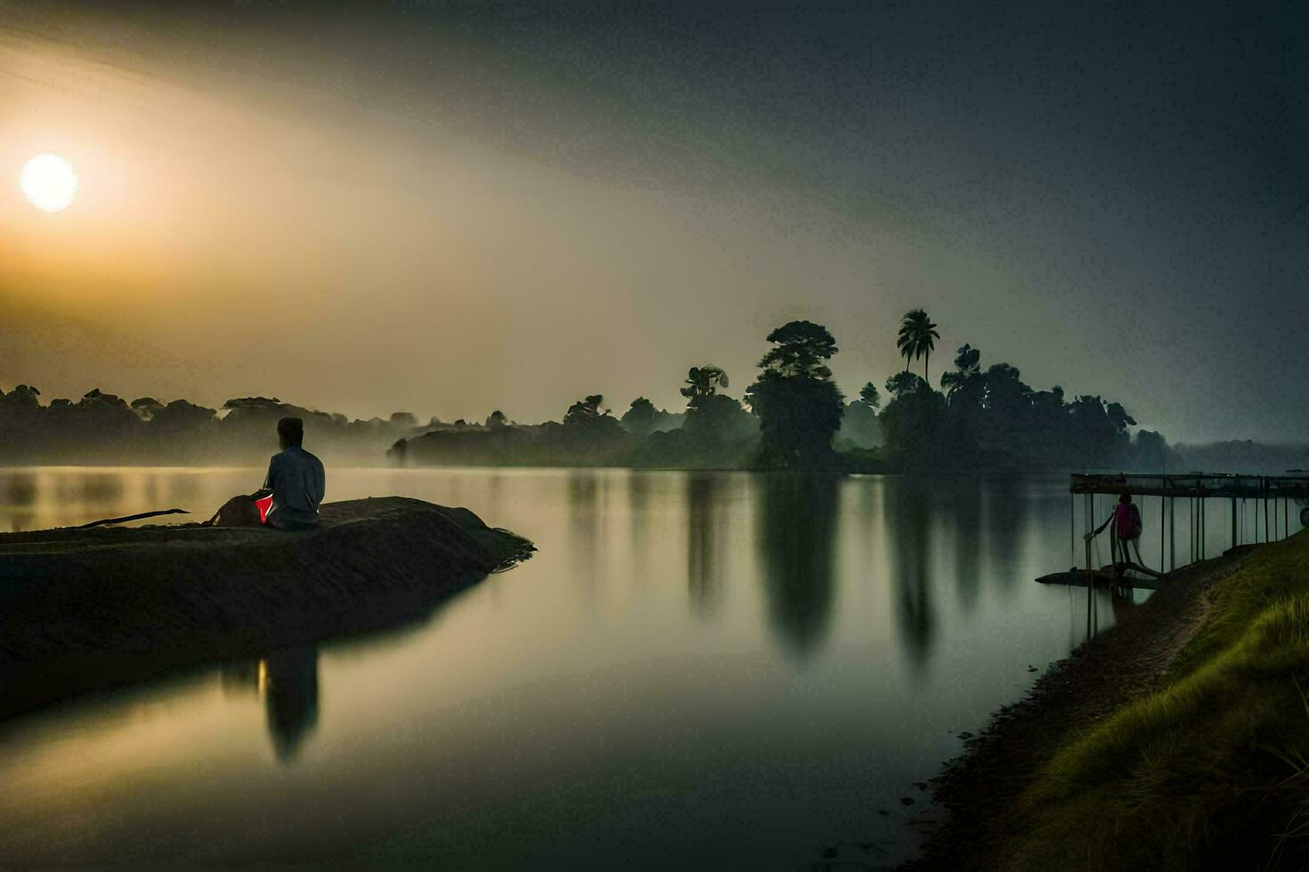 une homme séance sur une Dock à lever du soleil. généré par ai photo