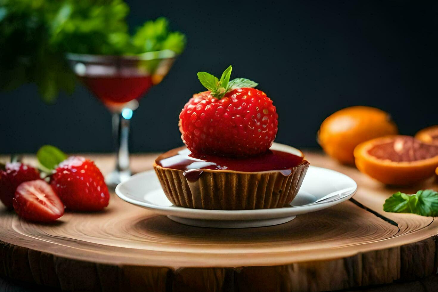 une fraise petit gâteau avec une fraise sur Haut et une verre de rouge du vin. généré par ai photo