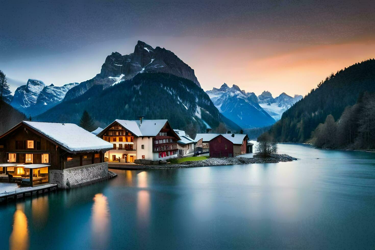 photo fond d'écran le ciel, montagnes, lac, loger, le loger, le montagnes, le maison. généré par ai