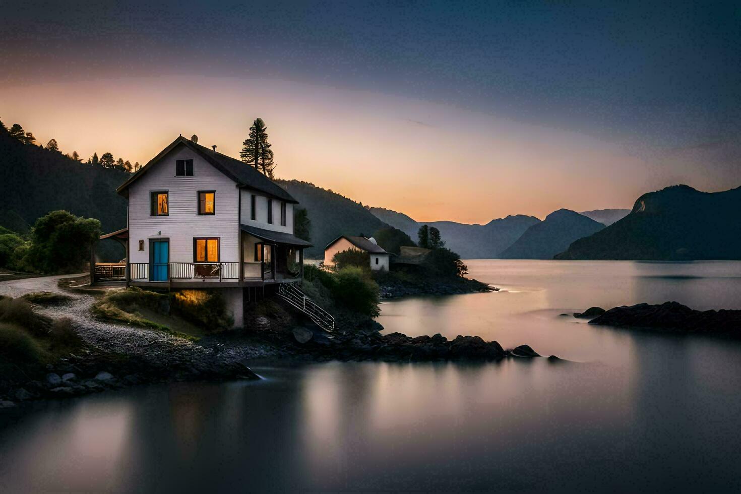 une maison est assis sur le rive de une Lac à le coucher du soleil. généré par ai photo