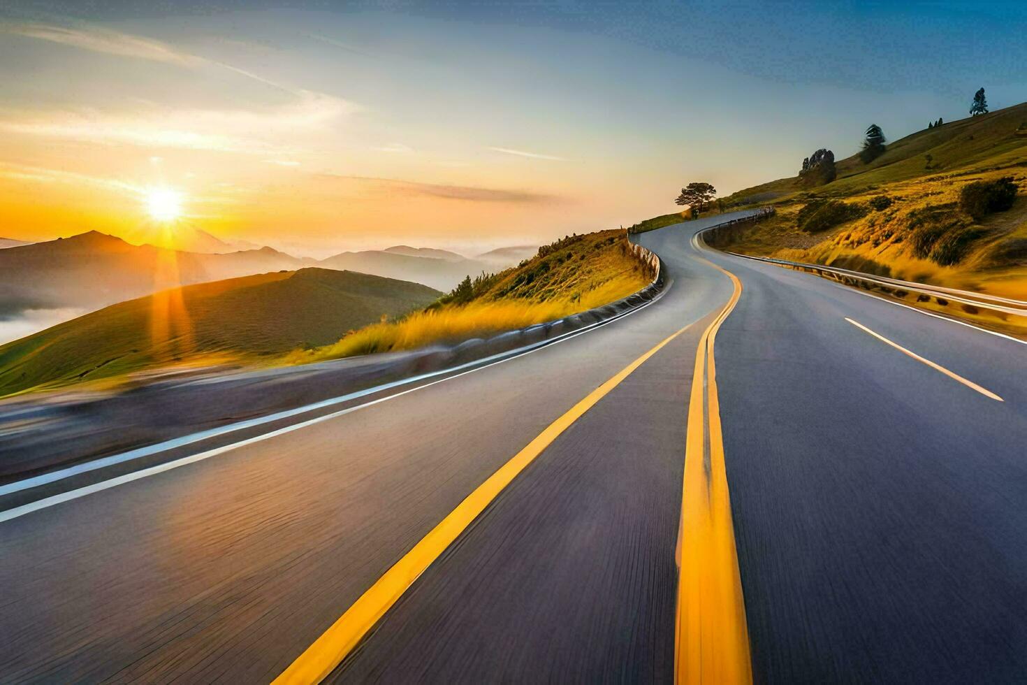 une route avec le Soleil réglage dans le distance. généré par ai photo