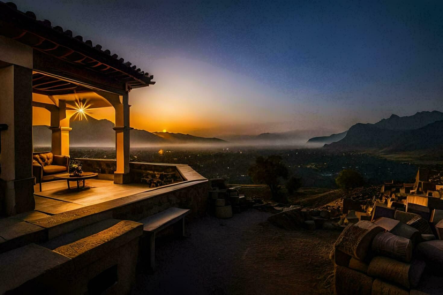 le Soleil ensembles plus de le montagnes et vallée. généré par ai photo