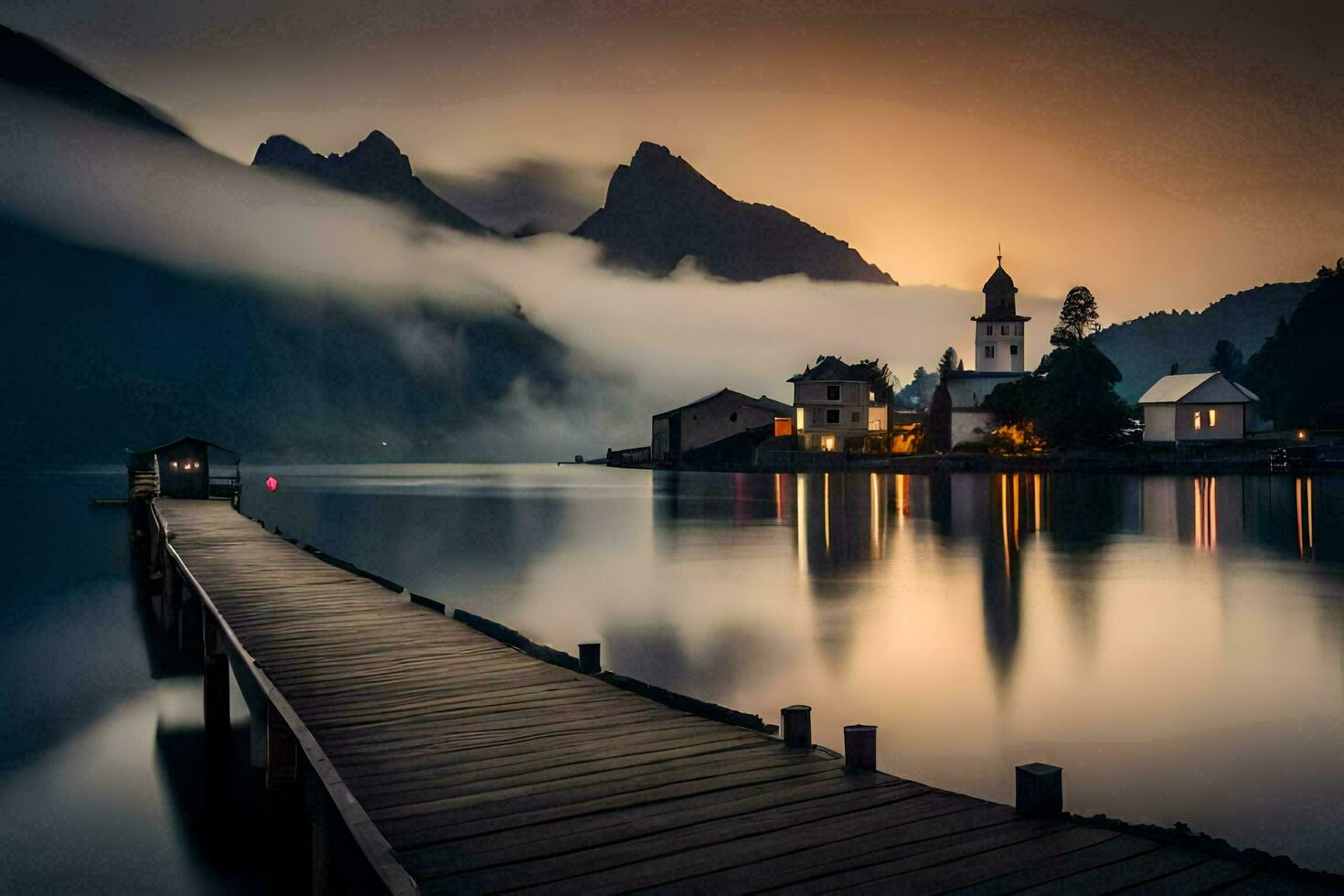 une jetée avec une église et montagnes dans le Contexte. généré par ai photo