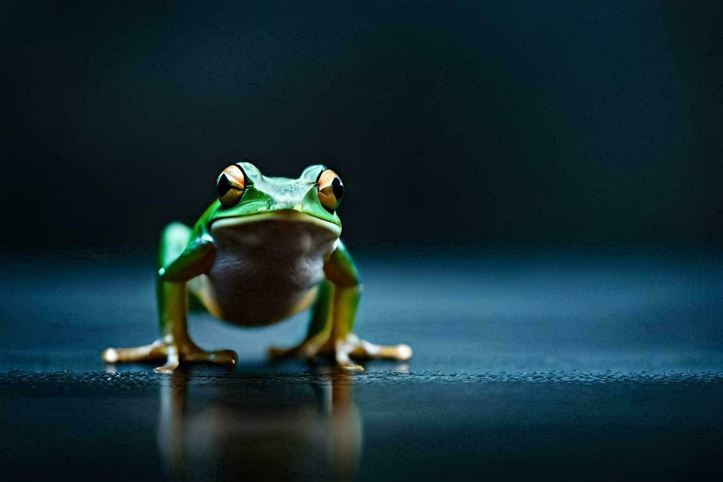 une grenouille est permanent sur une foncé surface. généré par ai photo